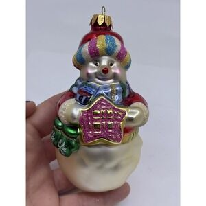 Snowman Christmas Ornament Glass Star Colorful Glittery 5"